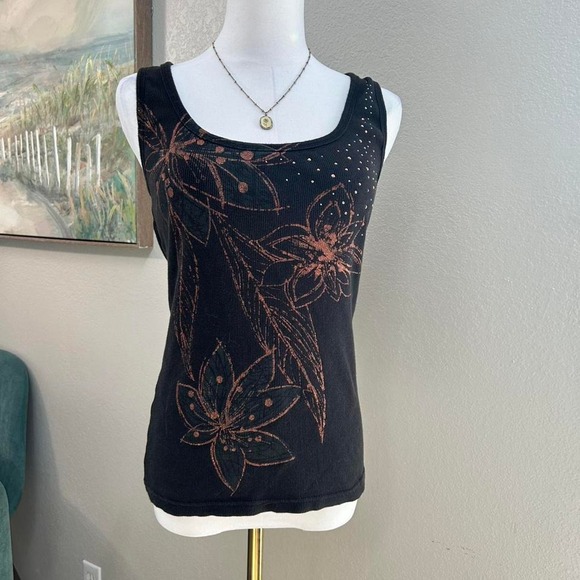 Faded Glory Tops - Y2K Rhinestone Floral Tank Top – Black Copper Graphic - Size M/L